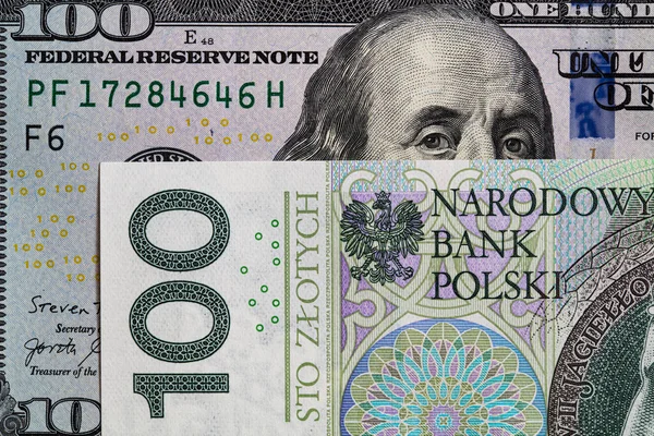 100 Dolarów Amerykańskich 100 Złotych Polskich Banknotów Celów Projektowych — Zdjęcie stockowe