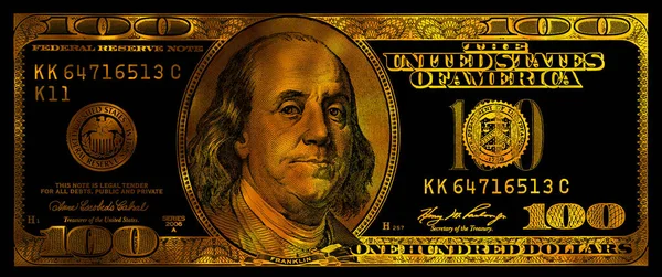 Złoty Banknot Nominale 100 Usd Czarnym Tłem Celów Projektowych — Zdjęcie stockowe