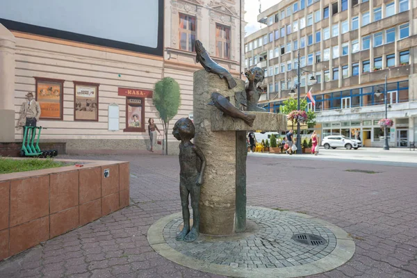 Lodz, Polonya - 7 Ağustos 2022: Çocuk ve balık çeşmesi. Polonya