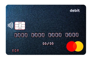 Kyiv, Ukrayna - 10 Nisan 2021: Tasarım amacı için şeffaf arkaplan üzerindeki MasterCard Debit kartı kapatılması