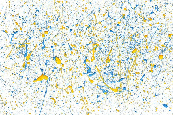 Blue and yellow paint drops on white canvas. Ukrainian flag concept .