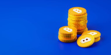 Mavi arka planda 3 boyutlu Bitcoin kripto para birimleri. 3d resimleme