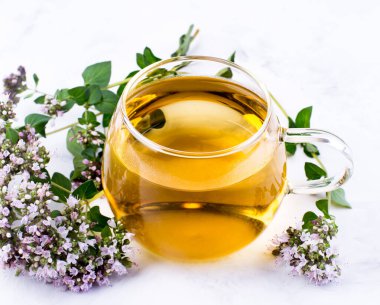 Cam fincanda bitki çayı, arka planda taze kekik çiçekleri. İlaç bitkileri. İçki sağlıklıdır. Sağlıklı beslenme. Yakın plan..