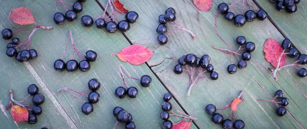 Aronia berry, commonly known as black-fruited mountain ash, with leaves on a wooden background. Freshly picked berries of homemade aronia on the table. — Stock Photo, Image
