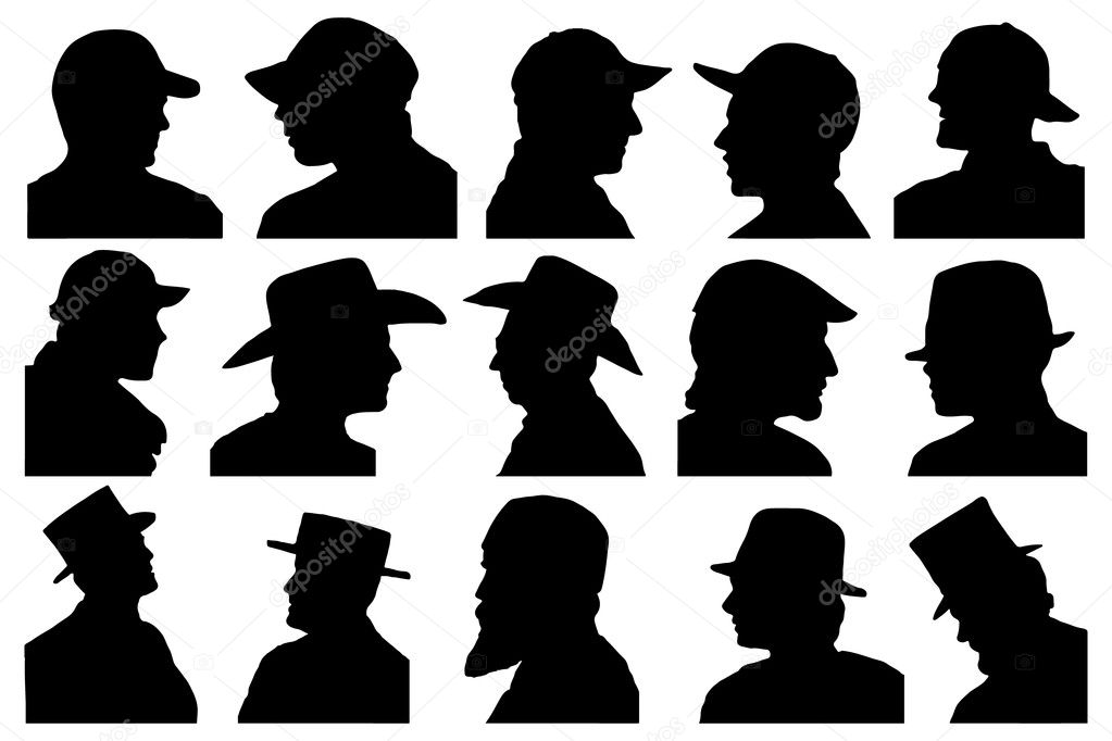 Portraits with hat profile on the white background