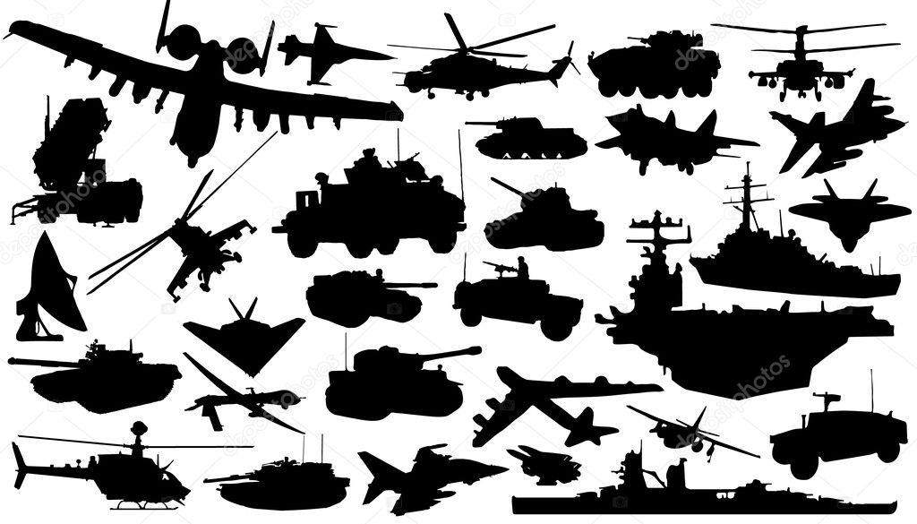Military technology silhouettes on the white background