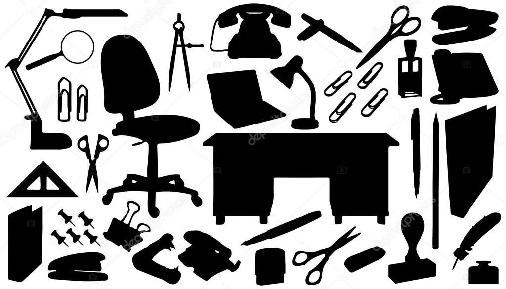 Office tools silhouettes on the white background