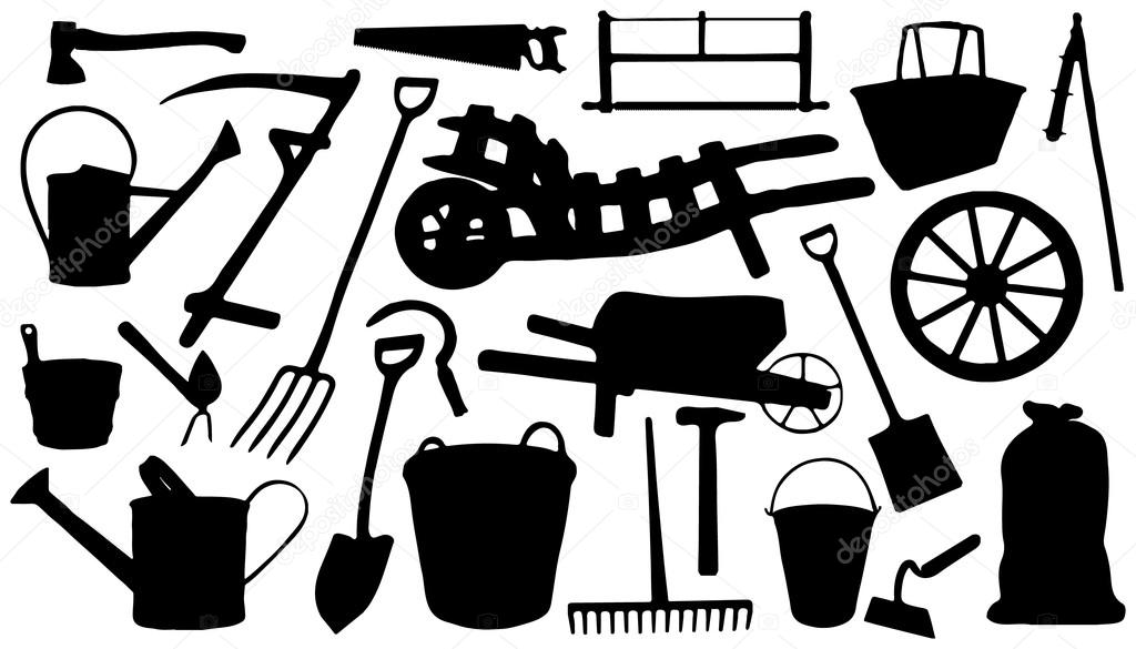 Twenty four farm tools silhouettes on the white background