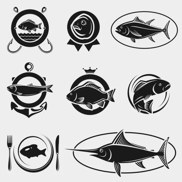 Conjunto de sellos y etiquetas de pescado. Vector — Archivo Imágenes Vectoriales