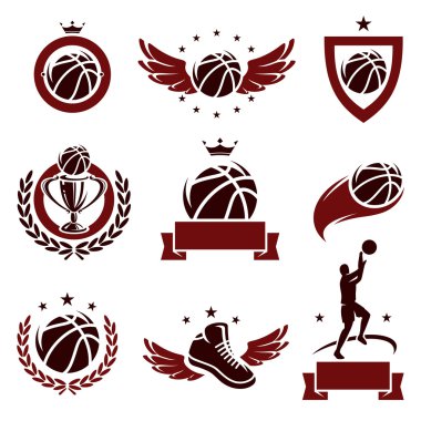 Basketbol Etiketler ve simgeler kümesi. vektör