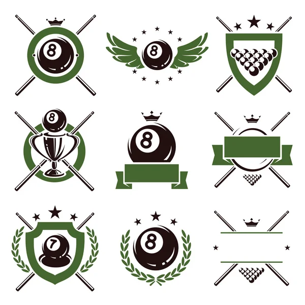 Biljart en snooker spelen labels en pictogrammen instellen. Vector — Stockvector