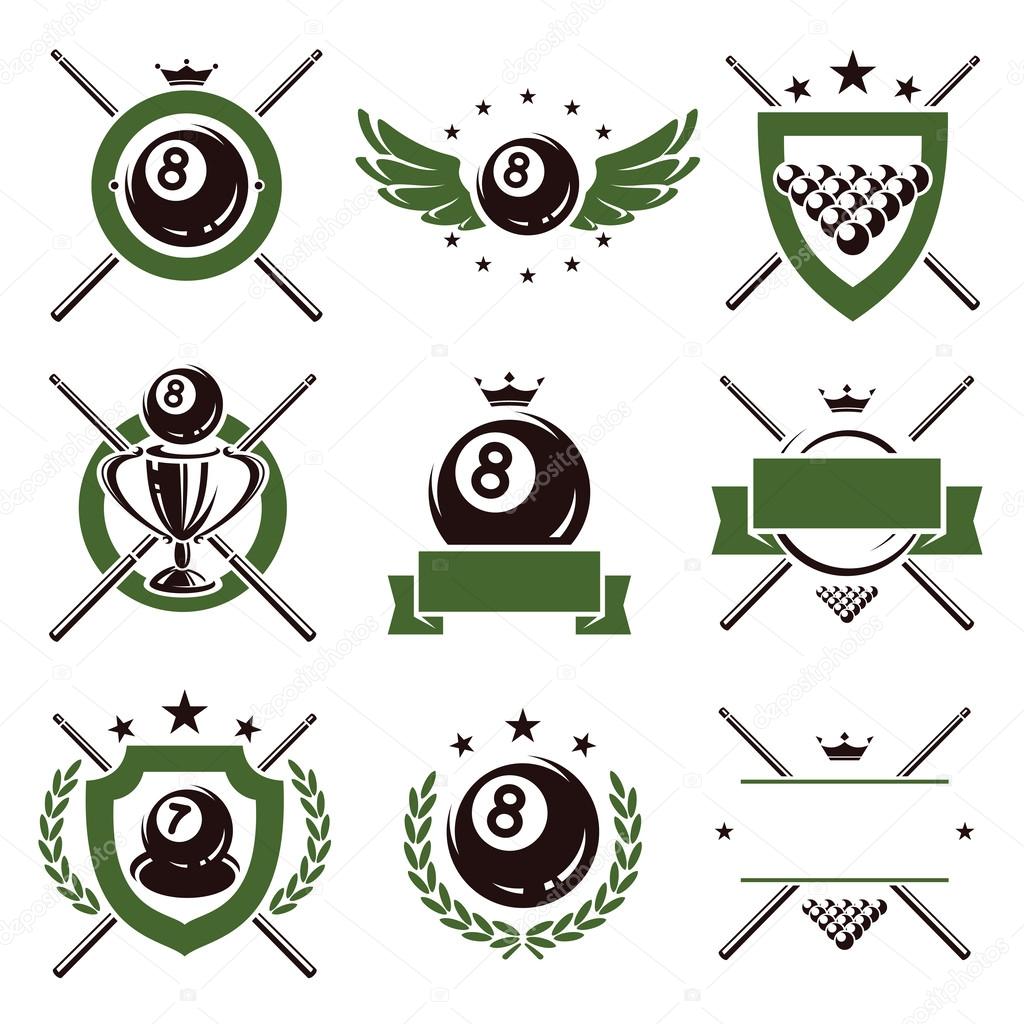 Billiards and snooker labels and icons set. Vector