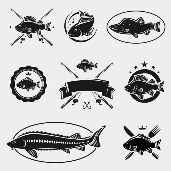 Conjunto de sellos y etiquetas de pescado. Vector — Vector de stock