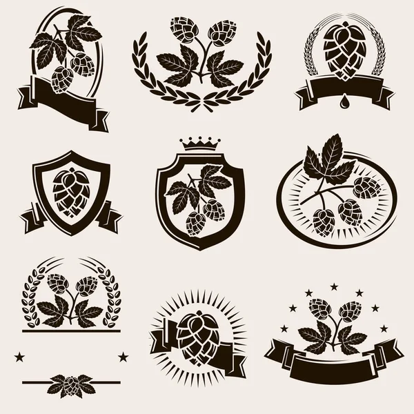 Set Etiquetas Elementos Hop Icono Colección Lúpulo Ilustración Vectorial — Vector de stock