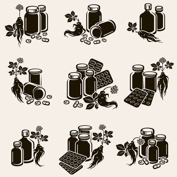 Red Ginseng Set Collection Icon Red Ginseng Vector Illustration Stock Vector