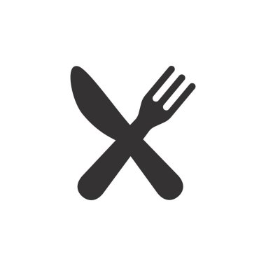 Çapraz çatal ve bıçak siyah ikon. Restoran ya da gıda vektörü sembolü.
