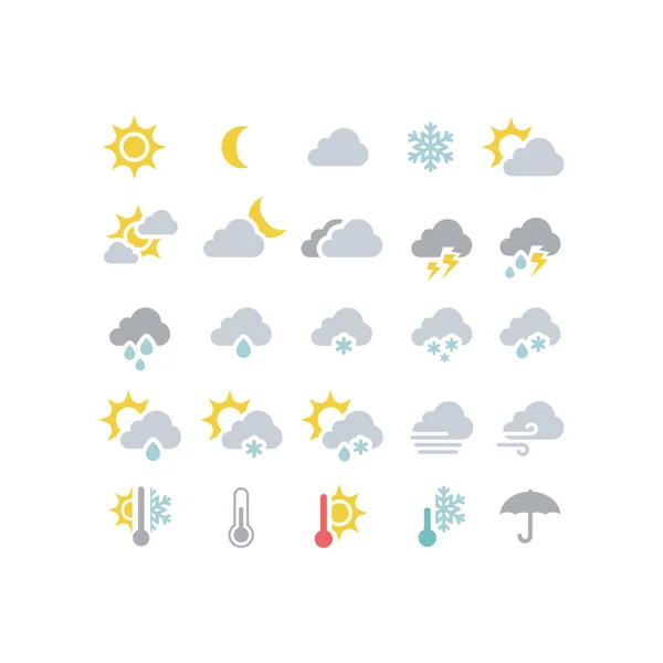 天気予報カラフルなベクトルアイコンセット 雪のアイコン 太陽と雲 熱く冷たいシンボル — ストックベクタ