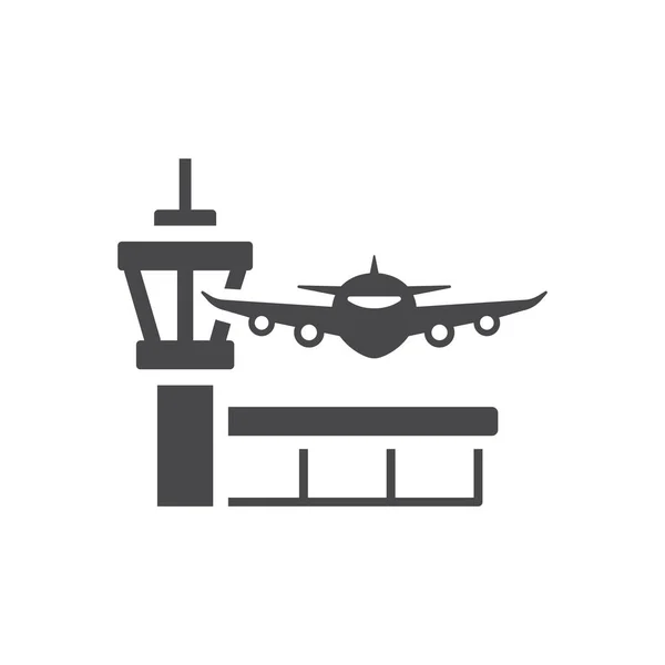 Lotnisko Terminal Wieża Ikona Samolotu Symbol Samolotu Czarnym Wektorem — Wektor stockowy