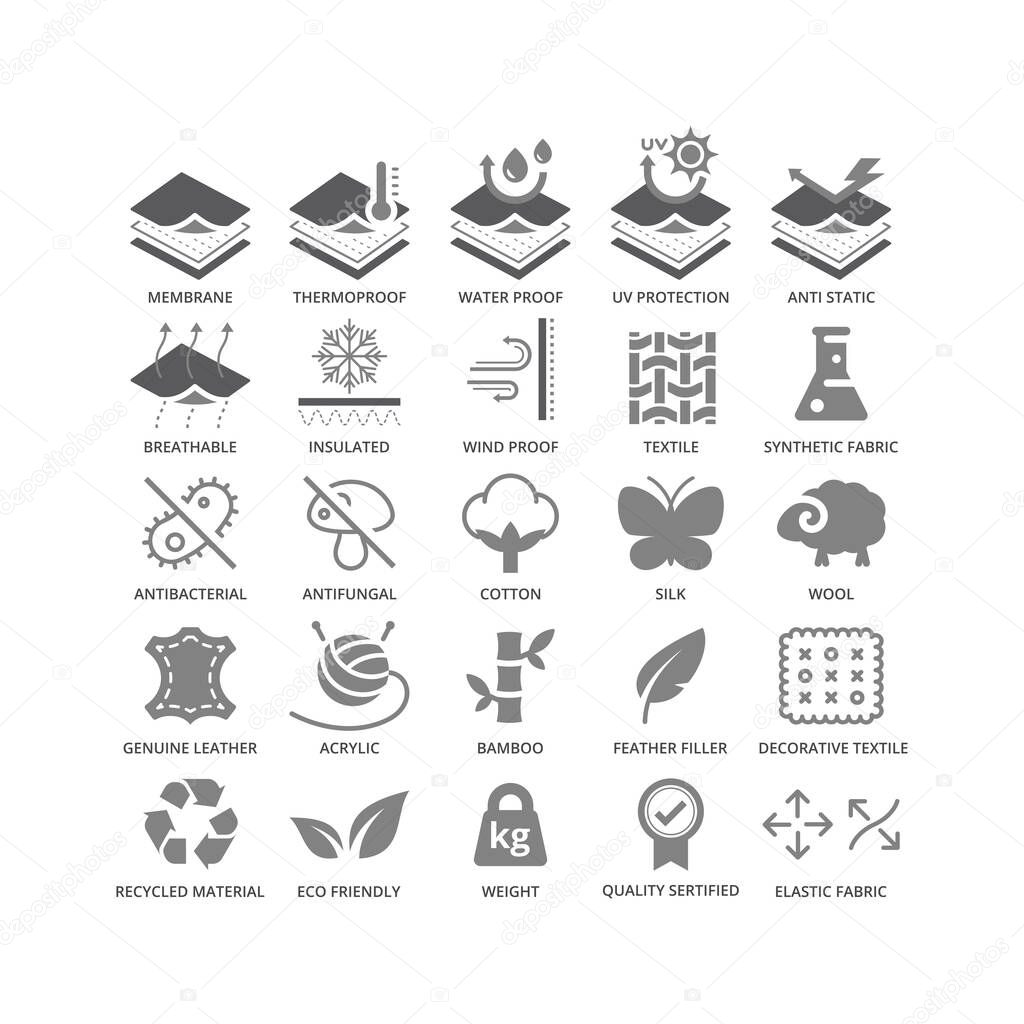 Fabric material feature vector icon set. Fabrics features and properties black glyph symbols.