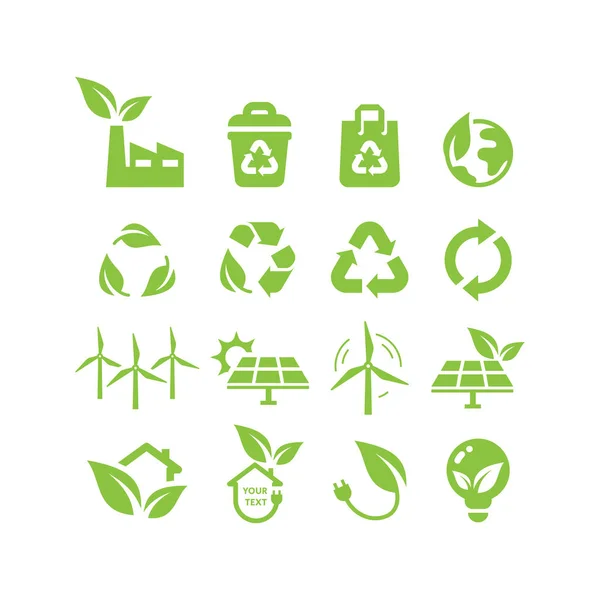 Grüne Energie Umweltfreundliche Stromvektorsymbole Gesetzt Sonnenkollektoren Windkraftanlagen Recycelte Symbole Für — Stockvektor