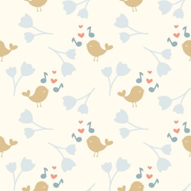 Şirin kuş müzik notaları pürüzsüz bir desen. Renkli ötücü kuşlar ve çiçekler kağıt ya da kumaş için basılıyor.