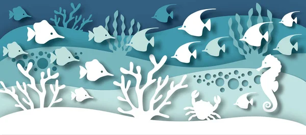 Papel Corte Vida Marina Ilustración Fondo Marino Oceánico Con Peces — Foto de Stock