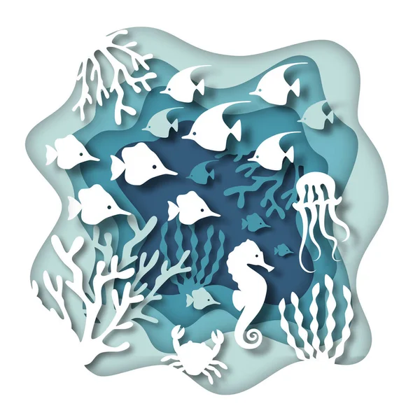 Papel Corte Vida Marina Ilustración Fondo Marino Oceánico Con Peces — Foto de Stock