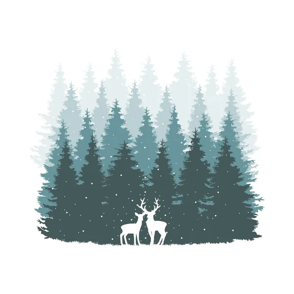 Deer Doe Silhouette Pines Vector Pine Trees Scene Landscape — Stock Vector