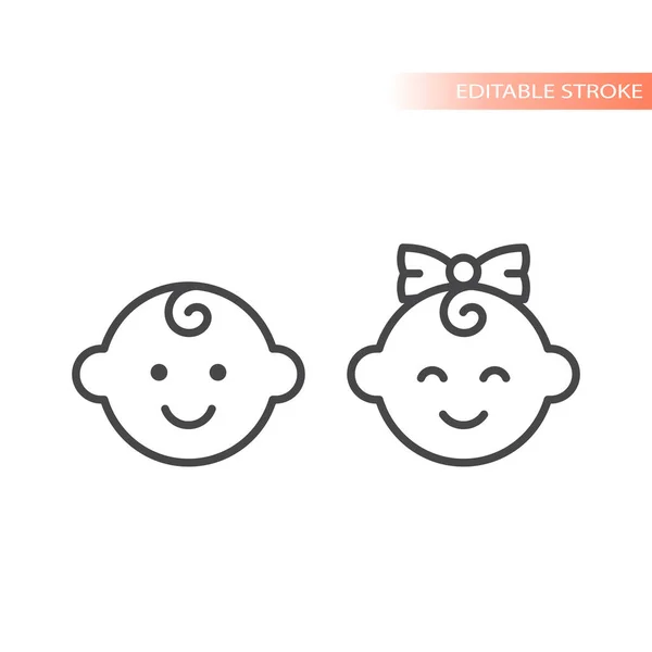 快乐的笑着的男婴和女婴 直线矢量图标 — 图库矢量图片