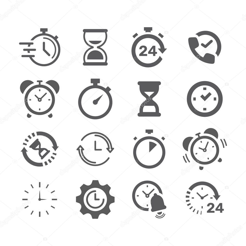 Clock, stopwatch black vector icon set. Chronometer, fast watch and 24 hours filled icons.