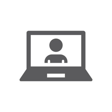 Laptop ve insan siyah vektör ikonu. Bilgisayar ekranı ve adam dolu sembol, kullanıcı hesabı.