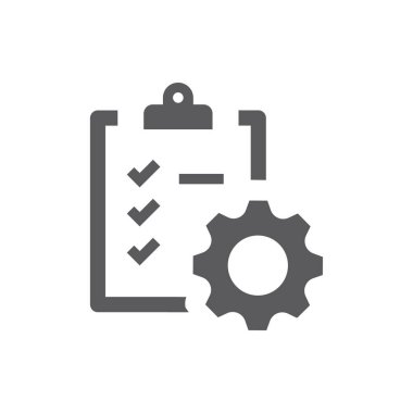 Kontrol listesi olan pano ang dişli siyah simge. İşaretleme, kene ve çark vektörü doldurulmuş sembol.