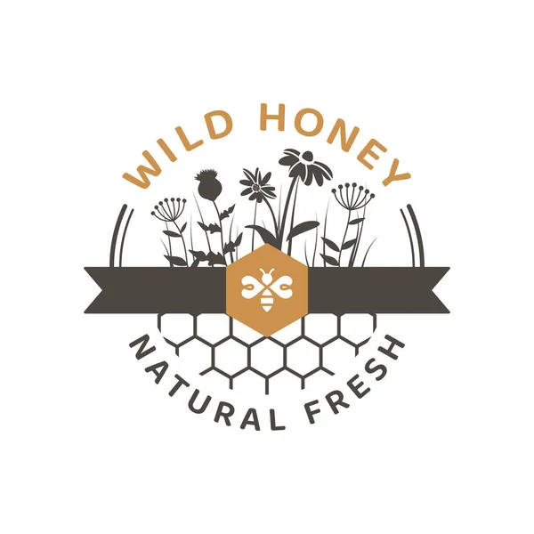 Buntes Honigvektoretikett Mit Wabe Runde Plakette Mit Wildblumen Und Schleife — Stockvektor