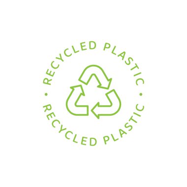 % 100 geri dönüştürülmüş plastik etiket. Çevre dostu ambalaj vektörü sembolü.
