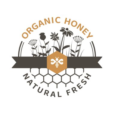 Bal peteği ile renkli bal vektör etiketi. Organik, doğal bal ve yabani çiçekler.. 