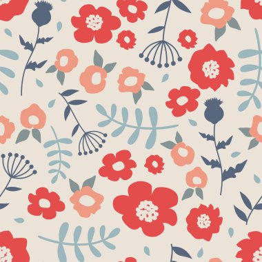 Kırmızı ve bej renkli çiçekler pürüzsüz desen. Çiçek açan çayır ve vektör dizaynı.