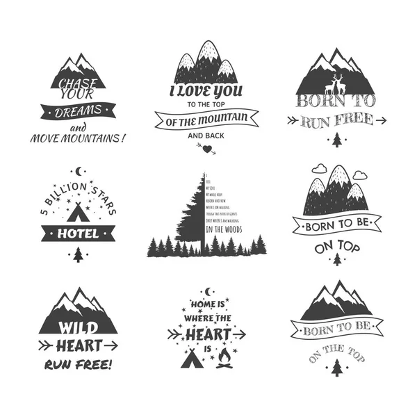 Mountain Hiking Slogan Set Shirt Logo Camping Outdoors Lettering Peaks — Vetor de Stock