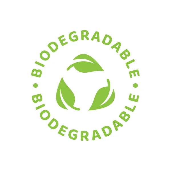 Etichetta Biodegradabile Verde Con Foglia Cerchio Imballaggio Ecologico Simbolo Riciclabile — Vettoriale Stock