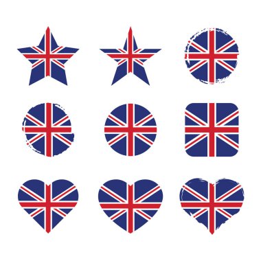 Uk vektör çemberi ve kalp bayrağı kuruldu. Birleşik Krallık kuru fırça ve grunge etkisi bayrakları.
