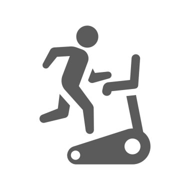 Koşu bandı siyah vektör ikonu üzerinde koşan adam. Egzersiz, fitness dolu sembol.