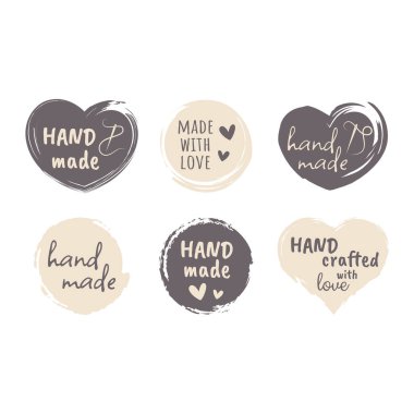 Hand made grunge circle and heart label set. Handmade and crafted with love and thank you lettering stamp set, dry brush vector.