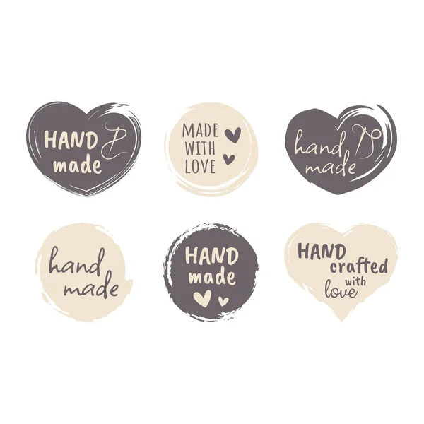 Hand Made Grunge Circle Heart Label Set Handmade Crafted Love — Vetor de Stock