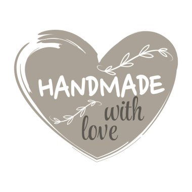 Hand made grunge heart label. Handmade with love lettering stamp, dry brush vector.