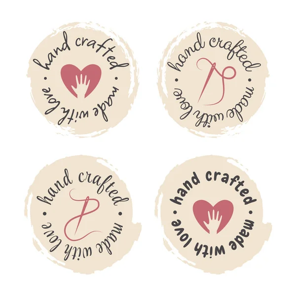 Hand Made Grunge Circle Label Set Handmade Crafted Love Lettering — стоковый вектор