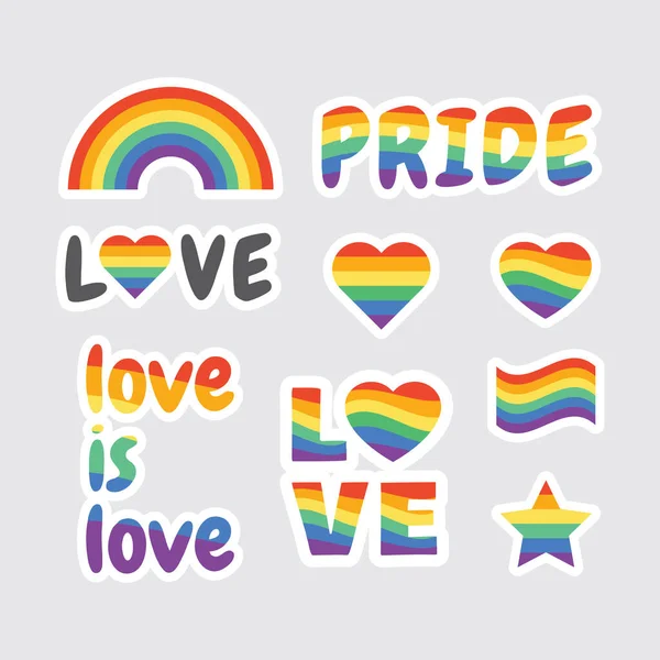 Lgbt Flag Rainbow Heart Sticker Set Colorful Love Pride Lettering — Vettoriale Stock