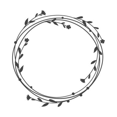 Floral circle wreath frame vector template. Branches and leaves doodle hand drawn line border.