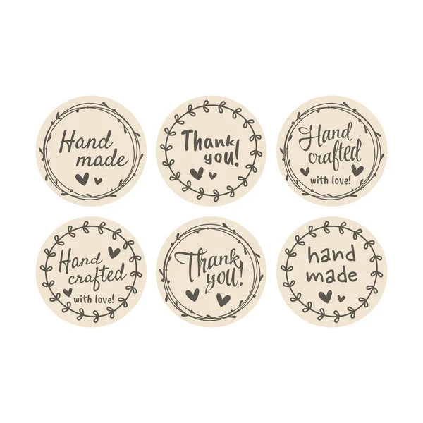 Hand Made Leaf Circle Wreath Doodle Label Set Handmade Crafted — Stockvektor