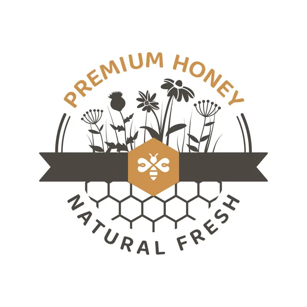 Premium Honey Label Vector Badge Honeycomb Wildflowers Bee — Stockvector