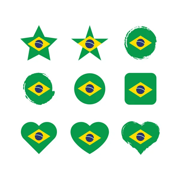 Brazil Vector Circle Heart Flag Set Brazilian Dry Brush Grunge —  Vetores de Stock