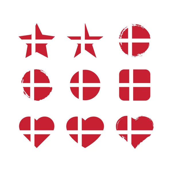Denmark Vector Circle Heart Flag Set Danish Dry Brush Grunge — Vettoriale Stock